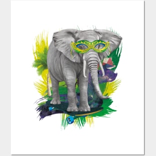 Elephant on skateboard with party glasses on the beach Posters and Art